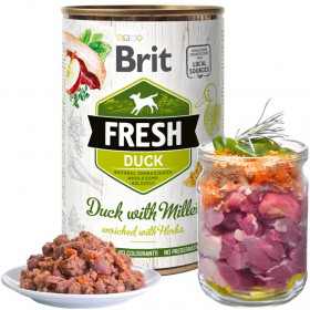 Холистична консервирана храна за кучета Brit Fresh Duck with Millet със 66% прясно патешко месо, 8% просо и 4% моркови